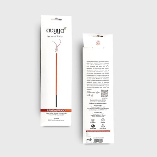 Avyya Hand Rolled Incense Sticks 30 Pack Sandalwood Charcoal-Free