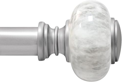 Silver Curtain Rod 48-84 Inches Heavy Duty Adjustable with Marble Finials