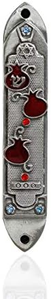 Holy Land Market Pewter Mezuzah with Red and Blue Enamel Stones