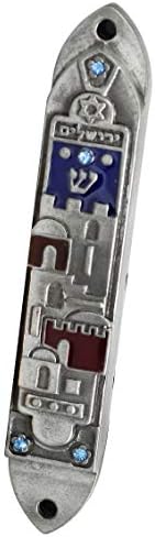 Holy Land Market Pewter Mezuzah with Blue and Red Enamel Inserts