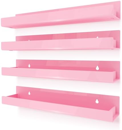 4 Pack Pink Acrylic Floating Shelves for Kids Room and Home Decor