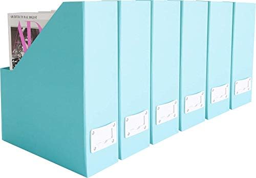 BLU MONACO Set of 6 Foldable Aqua Magazine File Holders with White Leather Labels