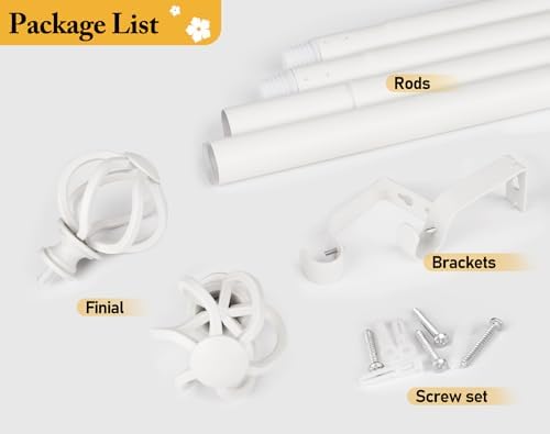 USFOOK White Curtain Rod 32-58 Inches 78 Inch Diameter Telescoping Splicing Rods with Twisted Cage Finials
