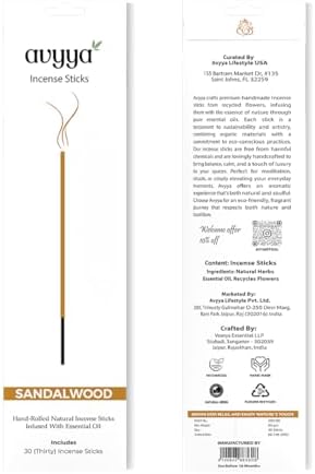 Avyya Hand Rolled Incense Sticks 30 Pack Sandalwood Charcoal-Free