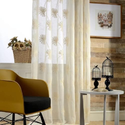 White Semi Sheer Linen Cotton Embroidery Curtain Panel