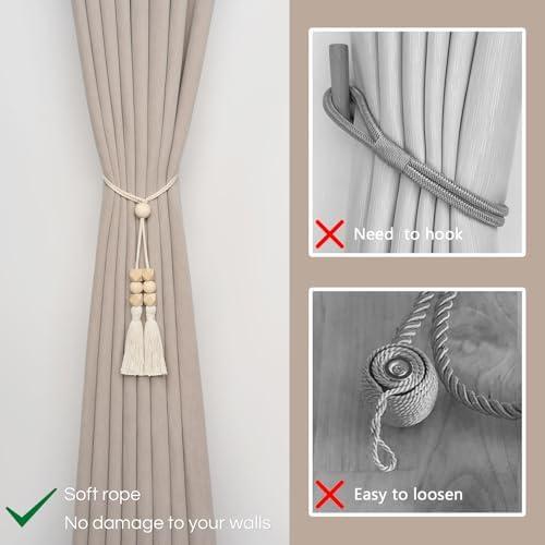 NICEEC 2 Pack Cotton Rope Tassel Curtain Holdbacks Boho Style Decorative Curtain Tiebacks