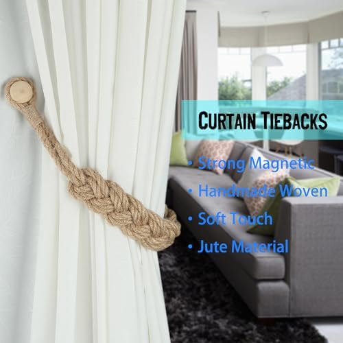 BEL AVENIR Magnetic Jute Curtain Tiebacks 4 Pack