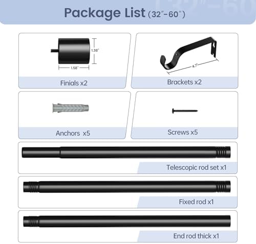 Adjustable Black Curtain Rod 32-60 Inches Heavy Duty