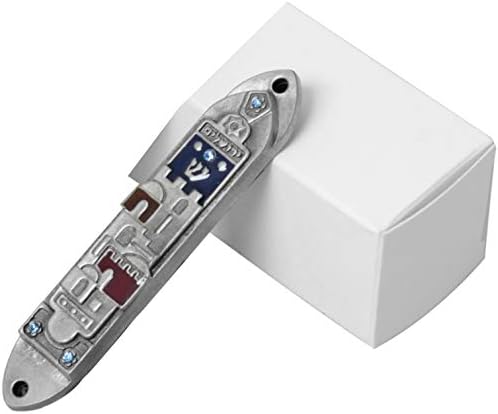Holy Land Market Pewter Mezuzah with Blue and Red Enamel Inserts