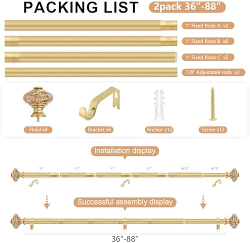 2 Pack Gold Curtain Rods for Windows 48-84 Inch