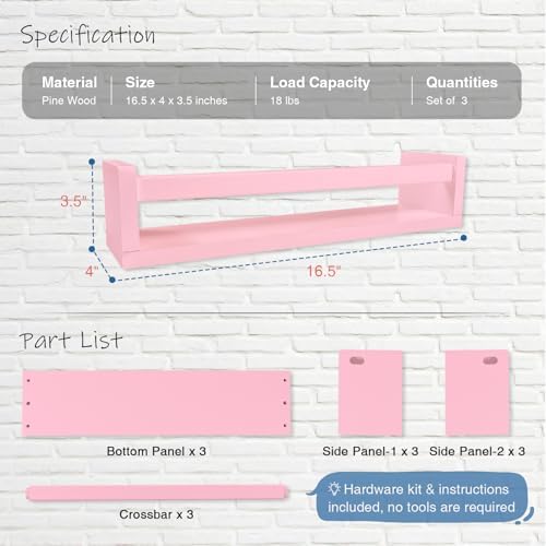 Pink Floating Shelves Set of 3 for Nursery and Kids Room