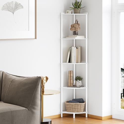 SUNMORY 5 Tier Corner Shelf Stand for Living Room Decor Wall Corner Bookshelf Storage White