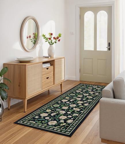 Moynesa Floral Hallway Runner Rug 6ft Non-Slip Black