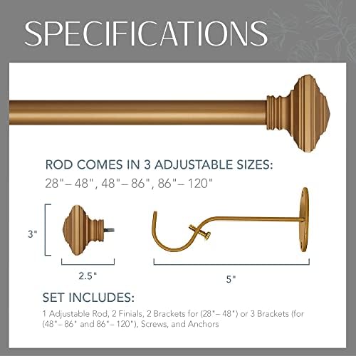 Elrene Florence Single Curtain Rod with Square Finials 1 Inch Diameter Soft Gold 28X48