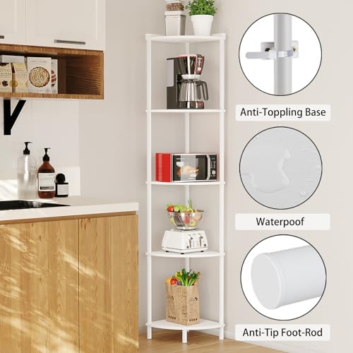 SUNMORY 5 Tier Corner Shelf Stand for Living Room Decor Wall Corner Bookshelf Storage White