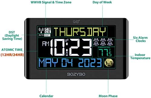 BOZYBO Digital Clock with 6 Alarms and Temperature