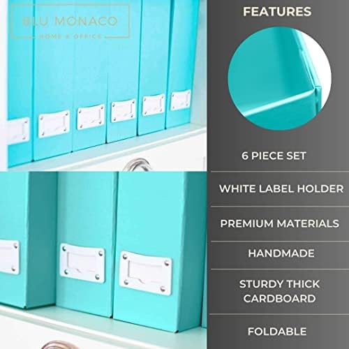 BLU MONACO Set of 6 Foldable Aqua Magazine File Holders with White Leather Labels