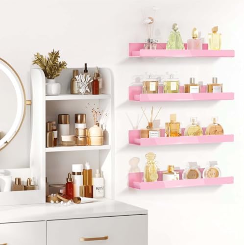 4 Pack Pink Acrylic Floating Shelves for Kids Room and Home Decor