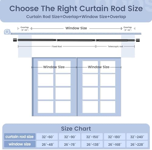 Adjustable Black Curtain Rod 32-60 Inches Heavy Duty