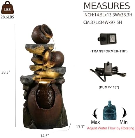 Eheuan 384 Inch 3 Tier Water Fountain with LED Light and Pump