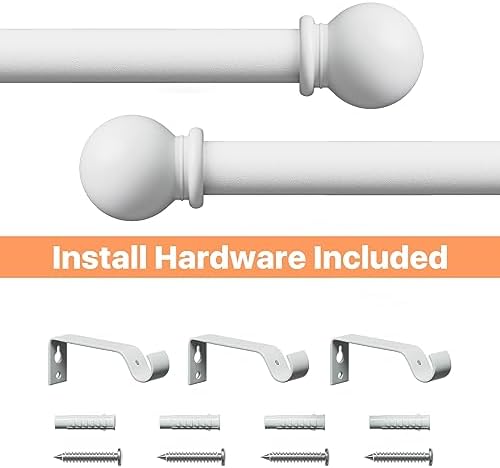 White Curtain Rods 48-84 Inch Adjustable Heavy Duty Metal Rod Set with Brackets