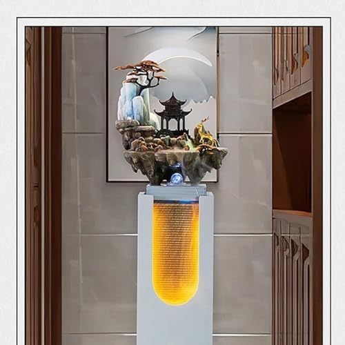 HASMI Yellow Fountain Floor Standing Fountain with LED Lights and Artificial Rockery