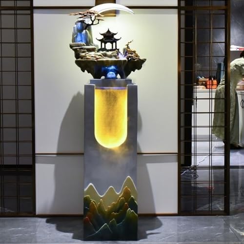 HASMI Yellow Fountain Floor Standing Fountain with LED Lights and Artificial Rockery