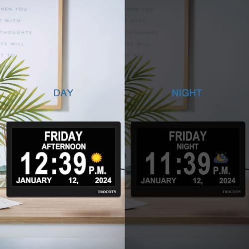 TROCOTN 10 Inch Digital Wall Clock with Day Date and Custom Alarms