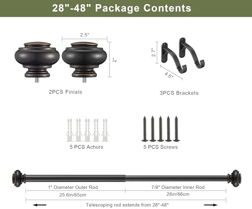 Vimayta 1 Inch Diameter Curtain Rods with Resin Finials 28-48 Inches