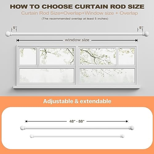 White Curtain Rods 48-84 Inch Adjustable Heavy Duty Metal Rod Set with Brackets