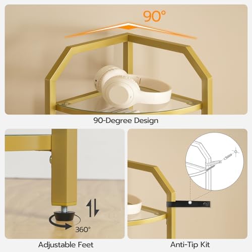 HOOBRO 5-Tier Corner Shelf Stand Gold Tempered Glass Modern Style GD15CJ01