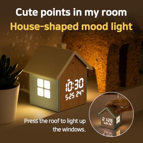 FLAITO Mood Home LED Table Clock - House-Shaped Night Light with Auto-Dimming and Snooze