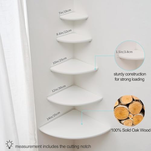 Solid Oak Corner Shelf Wall Mount 7in White