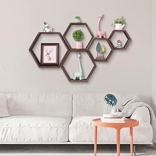 WONFUlity Hexagon Floating Shelves Driftwood Wood