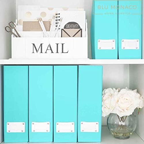BLU MONACO Set of 6 Foldable Aqua Magazine File Holders with White Leather Labels