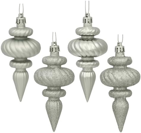 Vickerman 4-Inch Silver Finial Ornament Set - 8 Pack with 4 Finishes