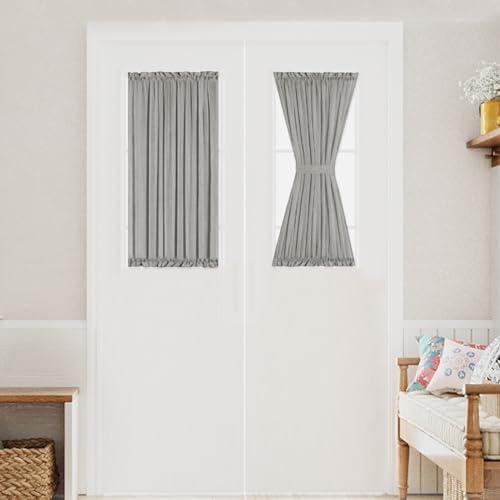 Turquoize Grey Linen French Door Curtains with Tie-Back