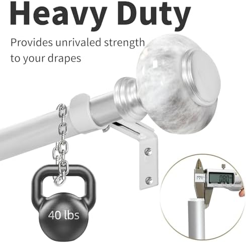 Silver Curtain Rod 48-84 Inches Heavy Duty Adjustable with Marble Finials
