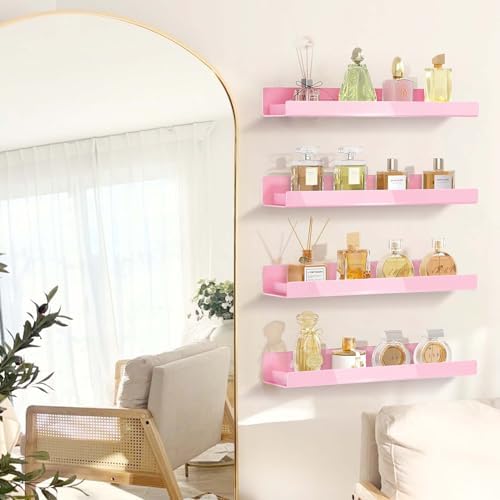4 Pack Pink Acrylic Floating Shelves for Kids Room and Home Decor