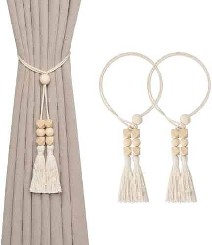 NICEEC 2 Pack Cotton Rope Tassel Curtain Holdbacks Boho Style Decorative Curtain Tiebacks