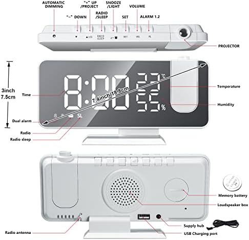 Hanaix Projection Alarm Clock with USB Temperature Humidity Display 73 Mirror Screen 24H Snooze Dual Alarm