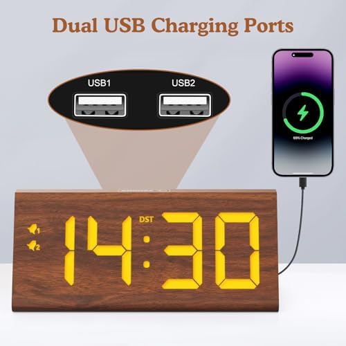 Wooden Digital Alarm Clock with Dual USB Ports and Dimmer