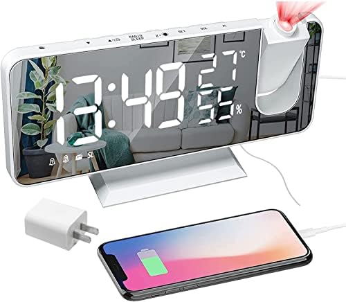Hanaix Projection Alarm Clock with USB Temperature Humidity Display 73 Mirror Screen 24H Snooze Dual Alarm