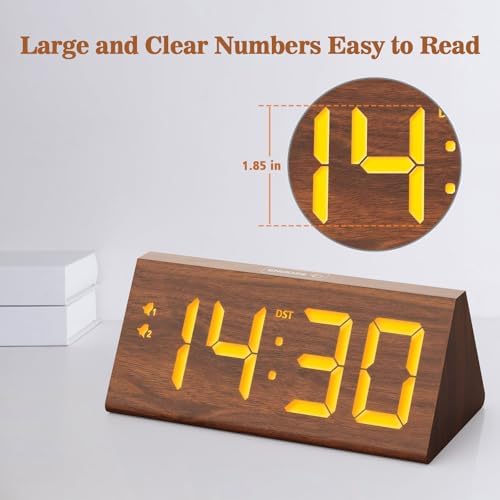 Wooden Digital Alarm Clock with Dual USB Ports and Dimmer