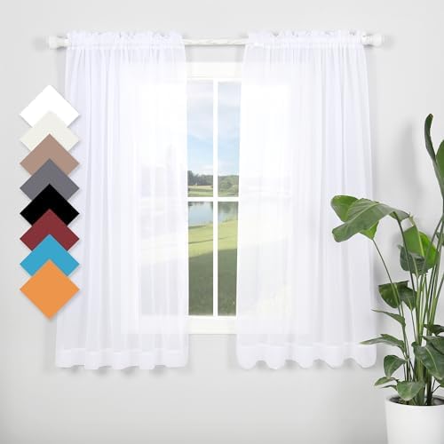 White Sheer Curtains 54 Inch Length 2 Panels Set