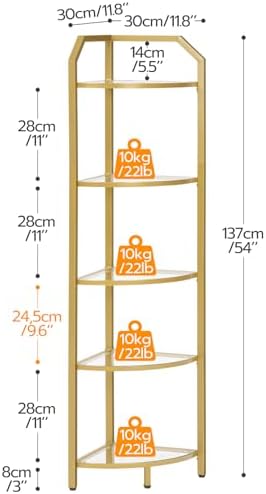 HOOBRO 5-Tier Corner Shelf Stand Gold Tempered Glass Modern Style GD15CJ01