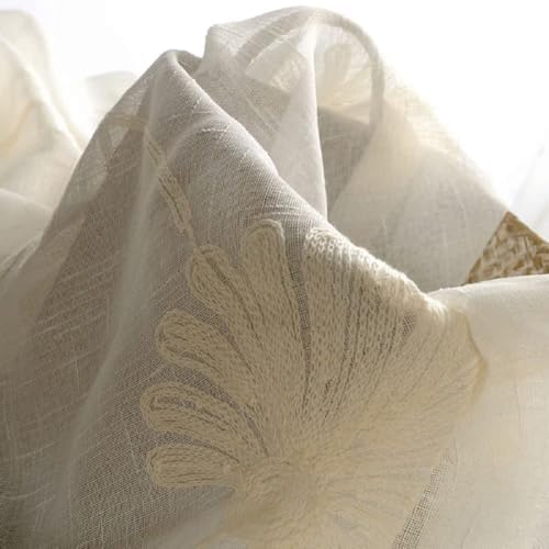 White Semi Sheer Linen Cotton Embroidery Curtain Panel