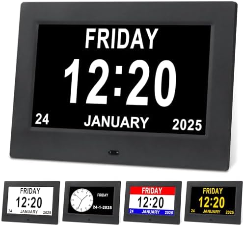 Large Black Dementia Clock with Day Date and 12 Alarms