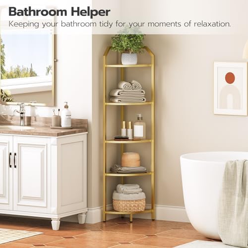 HOOBRO 5-Tier Corner Shelf Stand Gold Tempered Glass Modern Style GD15CJ01