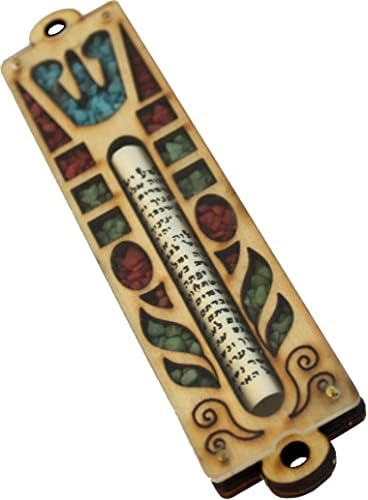 Holy Land Market Shin with Flowers Mezuzah - 3 Layers Wooden